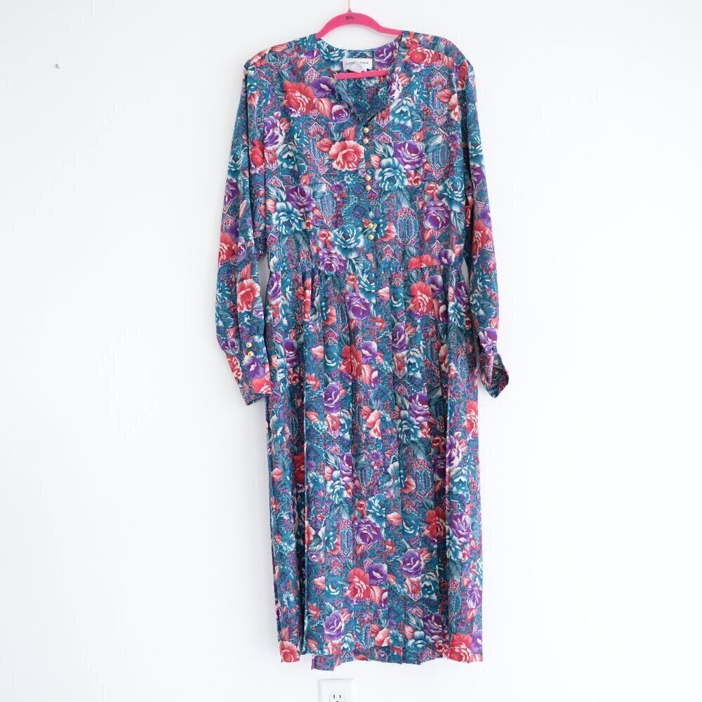 Vintage Schrader Teal Purple Floral Button Front Pleated Maxi Retro 80s Dress 18 - Picture 1 of 14